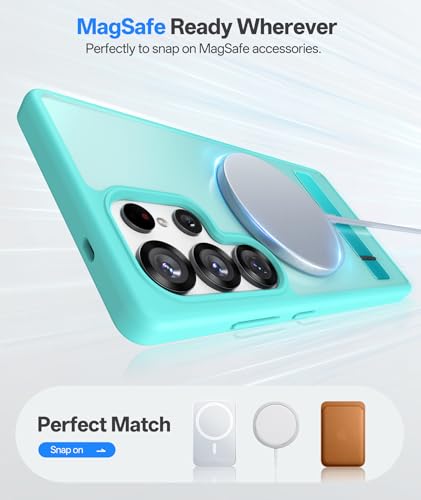 Image of Vihibii PC,Silicone for Samsung Galaxy S25 Ultra Magnetic Back Cover with Kickstand,Compatible with Magsafe & Rugged Shockproof Protective Back,Translucent Matte Phone Case for S25 Ultra 2025,Teal