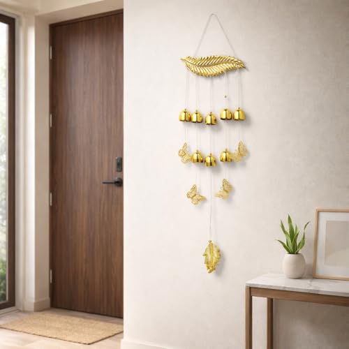 Image of Decorative Wind Chime for Home | Wooden House with Bells Colourful Beads | Positive Energy Balcony Living Room Hall Garden Home Decor (Feather Wind Chimes)