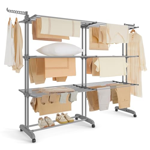 SONGMICS Stendibiancheria, Stendino Pieghevole a 4 Livelli, con Ruote e Ali Richiudibili，63,5 x (131-200) x 177,5 cm，Capiente, Uso Interno ed Esterno，Grigio Tortora LLR704G01