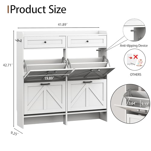 Image of Shoe Cabinet with 4 Flip Drawers & 2 Top Drawers, 43 inch Tall Freestanding Shoe Storage Organizer for Entryway, Wooden Narrow Hidden Slim Shoe Rack for Front Door Entrance, Hallway, Living Room, White