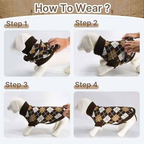 PawSailor Strickpullover für Hunde Rollkragenpullover Karomuster Warmer Welpenpullover Kuschelweich Winter-Outfit für Kleine und Mittelgroße Hunde wie Shih Tzu, Zwergschnauzer, Zwergspitz, Braun L