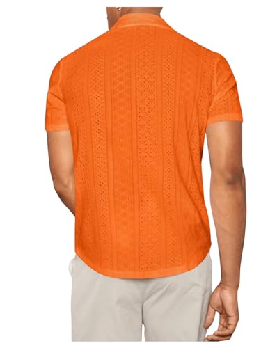 WDIRARA Men's Hollow Out Button Down Shirts Summer Collared Neck Short Sleeve Shirts2