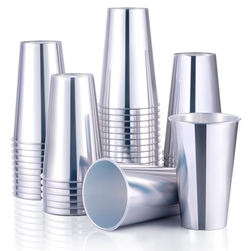 KesaPlan 50PCS Silver Plastic Cups 16oz Disposable Plastic Tumblers for Party Fancy Mirorred Silver Cups Bulk for Hot Cold Drinks Disposable Drinking Glasses for Wedding Birthday Holiday Events