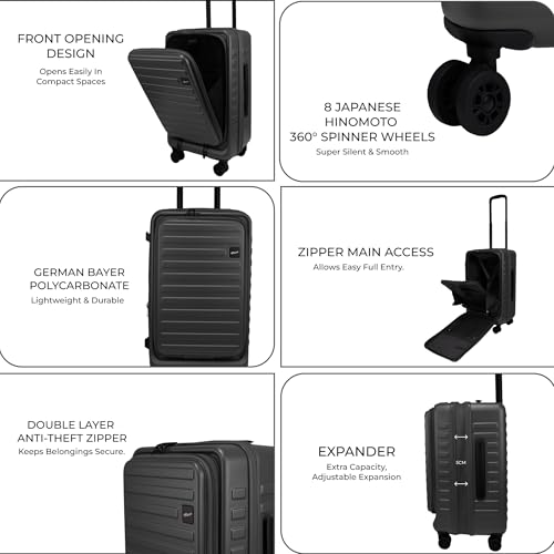 Image of F Gear Windsor Front-Opening Small Trunk-Style Hard Luggage |Hinomoto Wheels, German Makrolon Polycarbonate, Cabin Suitcase for Travel| Laptop sleeve, Expandable & Anti-Theft Zipper (Steel Grey, 56cm)