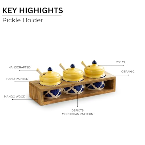 Image of ExclusiveLane 'Moroccan' Ceramic Pickle Jars For Dining Table With Spoon & Wooden Holder (Set of 3,280 ML) | For Kitchen Storage Pickle Holder Pickle Jars For Storage Aachar Jar Set,Multicolor