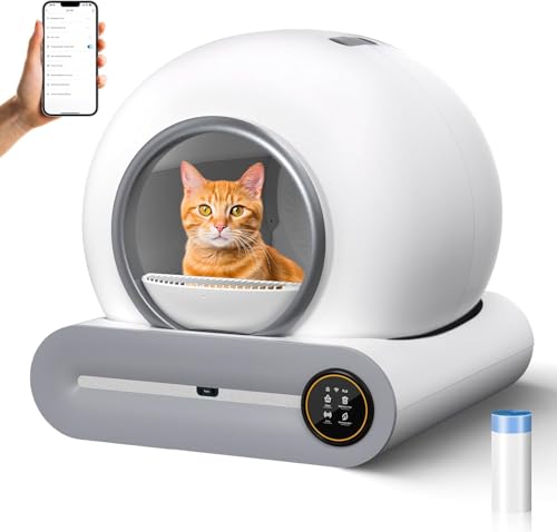 FO5 Self Cleaning Cat Litter Box Upgraded Automatic Cat Litter 65L+ 9L Extra Large Capacity Automatic Cat Litter Box APP Control/Odor Removal/Safety Protection/Low Noise Litter Box (White)