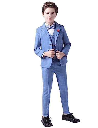 Costume trois pièces à carreaux pour garçon avec veste de tuxedo à deux boutons et revers échancrés