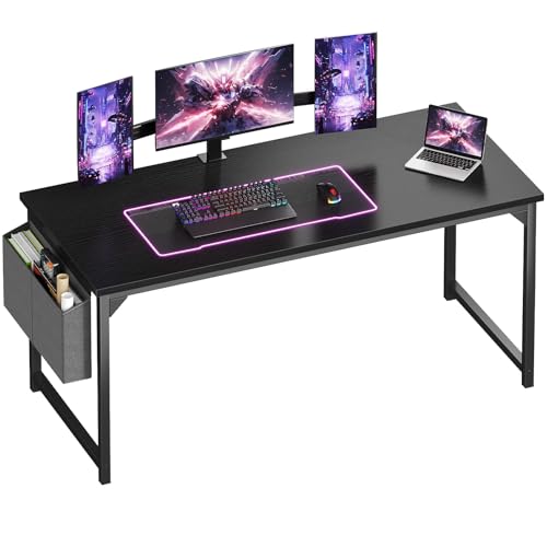 Image of OLIXIS Computer Desk, 63 Inch Gaming Desks for Home Office Small Spaces | Writing Study Craft Work Table, Computer Workstation for Bedroom with Storage Bag, Black