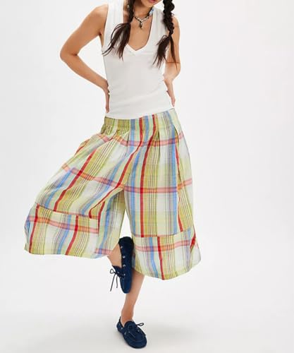 Women's Casual Striped Vacation Wide Leg Pants Loose Elastic Waist Capri Boho Lightweight Pants2