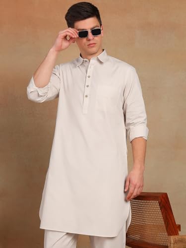 Image of See Designs Men's Full Sleeve Shirt Collar Solid Pathani Kurta with Salwar