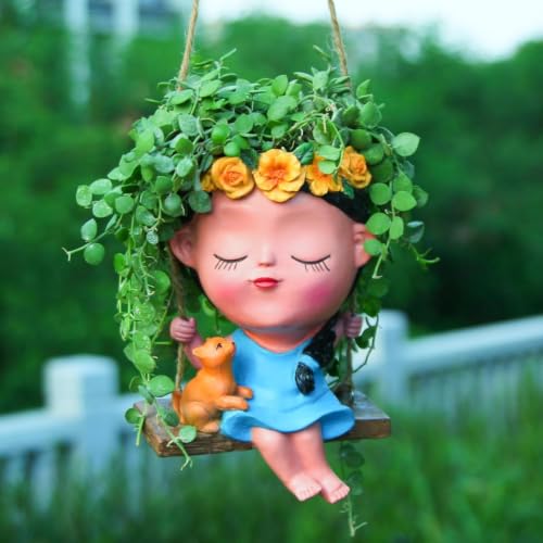 Image of Eleven to Eleven Smiling Face Hanging Planter Pot | Cute Girl Face, Resin Material, Decorative for Balcony, Garden, Living Room & Home, Gift for Plant Lovers