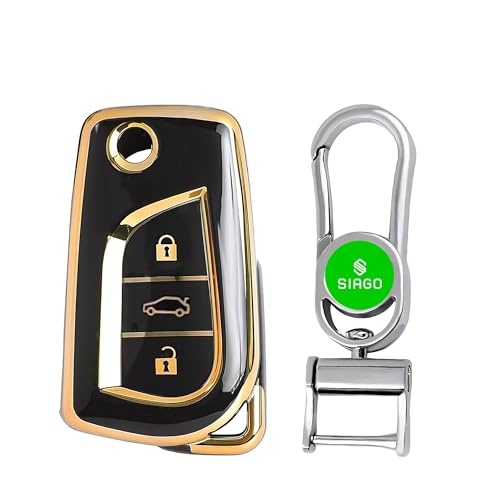 Image of SIAGO SIA343 TPU Key Cover and Metal Keychain Compatible for Toyota Corolla | Altis | Innova Crysta 3 Button Car Smart Key (Black Pack of 1)