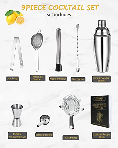 LIVEHITOP Cocktail Making Set, 9Pcs Stainless Steel Bartender Kit Professional Cocktail Shaker Set with 750ML Boston Shaker for Home, Bar, Party