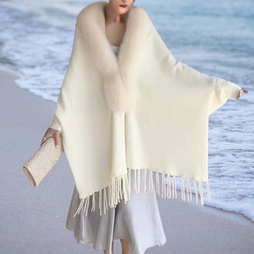 Women’s Winter Faux Fur Collar Shawl Wrap – 69 inches Long Knitted Imitation Mink Cape with Tassels, Mid-Length Cardigan Poncho for Autumn & Winter2