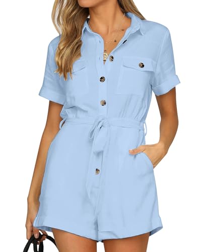 Vetinee Jumpsuit Damen Kurz Sommer Jumpsuit Damen Sommer Locker Jumpsuit Kurz Damen Sommer Damen Jumpsuit Sommer Kurz Luftiges Blau Größe Small Passend für EU Größe 34 bis EU Größe 36