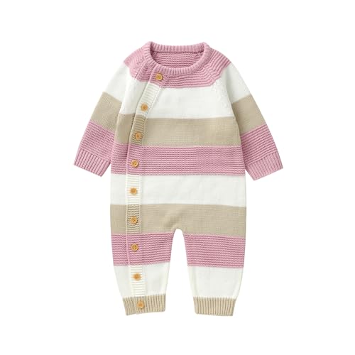 Image of Licupiee Newborn Girl Boy Striped Sweater Romper Fall Long Sleeve Full Length Playsuit Winter Warm Button Up Knitted Jumpsuit
