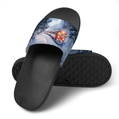 Swiss Winter Snowy Train House Slippers for Women Men Lightweight Open-toe Slide Shoes for Bathroom Swimming Beach4