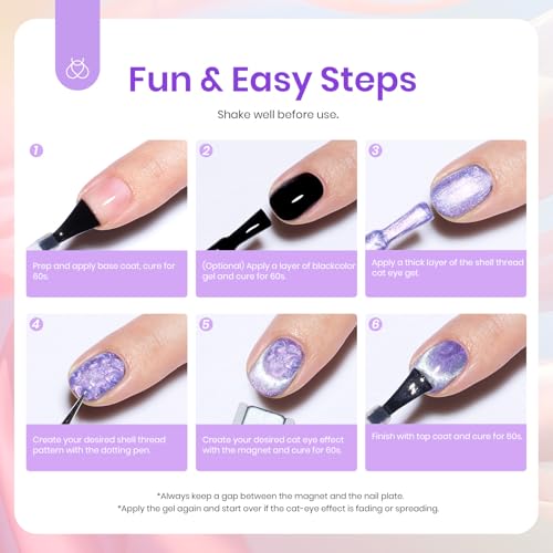 Image of Beetles Cat Eye Gel Nail Polish - 6 Colors Summer Shimmer Pearl Cat Eye Nail Polish Set with Magnet Rainbow Mermaid Swirl Shell Thread Yellow Pink Blue Purple Green DIY Manicure Gifts for Women