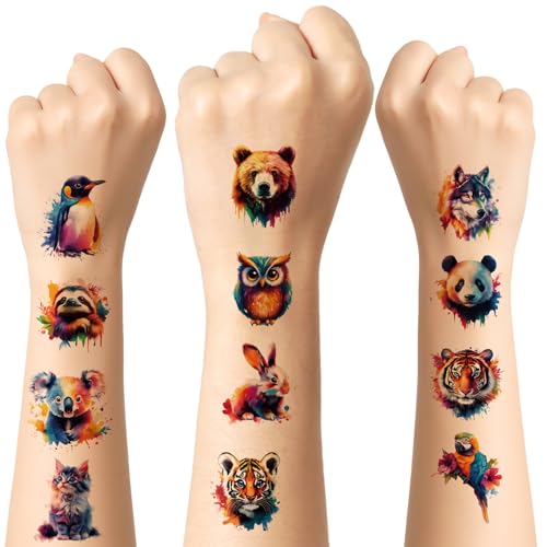 10 folhas de tatuagem temporária para crianças, aguarelas de animais tatuagens temporárias, autocolantes impermeáveis com tema animais para faculdade e enchimento de festa, presentes de festa para