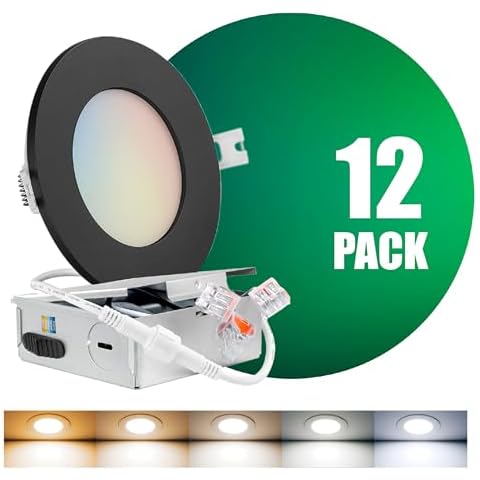 QPLUS 12 Pack Black 4 Inch 5CCT Ultra-Thin LED Recessed Ceiling Light with Junction Box, 2700K/3000K/3500K/4000K/5000K Selectable ETL,UL,IC, Wet Rated, Energy Star Dimmable Recessed Led Can Lights Cover