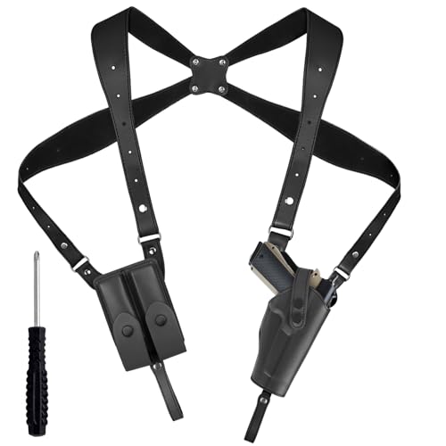 Shoulder Holster General Vertical Gun Holster Adjustable Leather Chest Holster for Concealed Carry with Double Magazine Pouch Adjustable for Glock 1911 and Most Kinds of Pistols-Right Hand Black