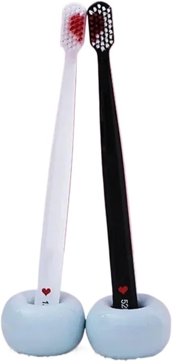 Manual Toothbrush 2pcs Soft-Bristle Toothbrush Black White Heart Couple Brush Teeth Adults Toothbrush Care Travel Essentials Toothbrush(Pink and Blue)