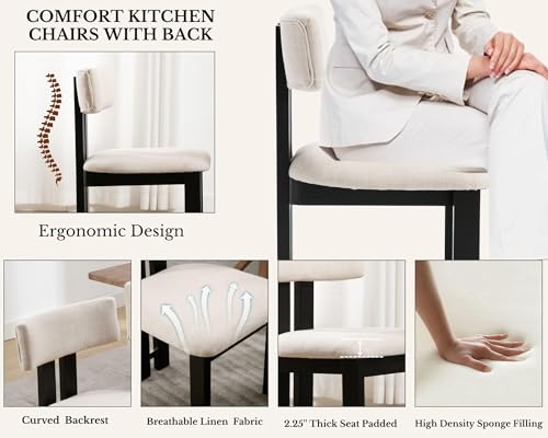 Image of HNY Modern Farmhouse Linen Dining Chairs Set of 6, Beige Fabric Upholstered Dining Room Kitchen Chair with Black Wood Frame & Curved-Back, Armless Accent Wooden Chairs for Dining Living Room