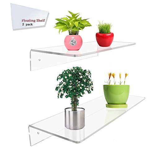 Display4top 2 Pack of Clear Acrylic Floating Shelf Wall Mounted Display Organizer (12×6  16×6 )
