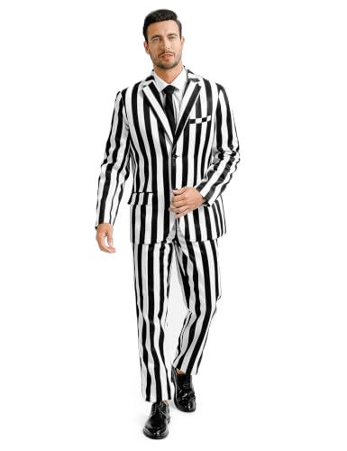 Fashonal Mens Black and White Striped Suits Halloween Costume, Two Button Jacket Pants Set with Tie, Black and White Striped Size XXL