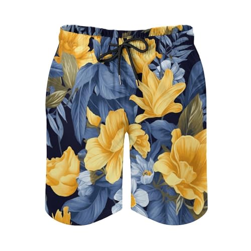 Men's Blue Base Yellow Floral Swim Trunks, Quick-Dry Beach Shorts, Bathing Suit with Mesh Lining and Pocket3