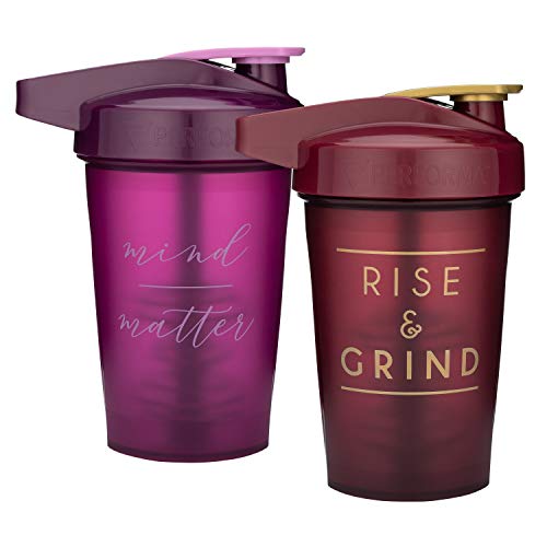 Motivational Quotes on Performa Activ Shaker Bottle, 20 Ounce Classic Protein Shaker Bottle with Loop, Leak Proof, Perfect Gym Fitness Gift (Two Pack - Rise Maroon & Mind Over Matter Plum)