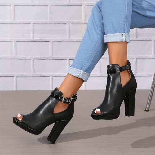 ZDLJYL Women's Open Peep Toe Booties Cutout Side Strap Mid Black Chunky Heel Fashion Ankle Bootie Summer Travel Sandals for Women4
