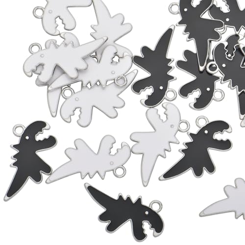 Image of VIDRIO Pack of 40 Black and White Cartoon Dinosaurs Enamel Charms Gold Plated Colored Pendants Accessories for Necklace Bracelet Jewelry Making DIY Crafting
