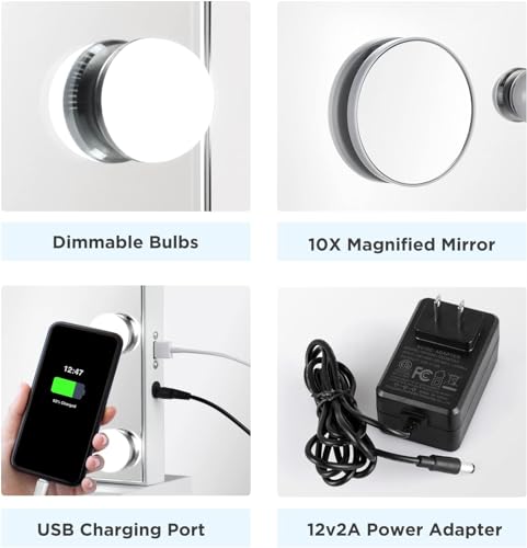 Hollywood Vanity Mirror with 17 Bulbs, 10X Magnification, 3 Color Modes, Touch Control, 25 x 21, USB Charging, Tabletop or Wall-Mounted