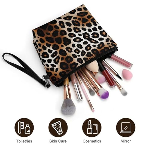 Bolsa de maquillaje de leopardo con asa y cremallera: neceser amplio de piel sintética 5