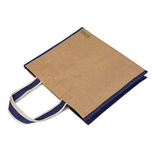 Image of DOUBLE R BAGS Big Heavy Duty Eco Reusable Jute Cloth Shopping Bag with 6 Pockets & Reinforced Handles | Grocery, Milk, Fruits & Vegetable Carry Organizer Tote | Navy, 45x17x35 cm, 1 Compartment