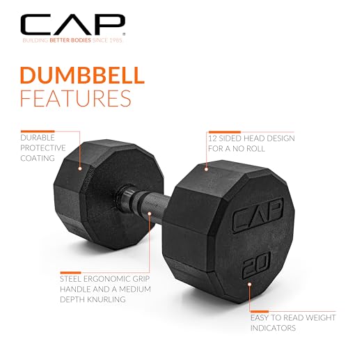 Image of CAP Rubber Coated Dumbbell Weights, Free Weights for Home Gym Strength Training, Anti-Roll Hex Dumbbells with Black, Chrome & Comfort Grip Handles, Singles