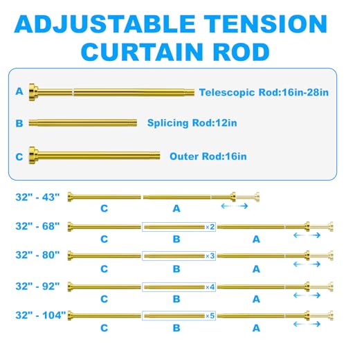 Image of TEECK Shower Curtain Rod, 32-92 inch Adjustable Spring Tension Curtain Rod, Never Rust Anti-Slip Shower Curtain Rod for Bathroom, No Drilling, Never Collapse, Easy to Use, Gold