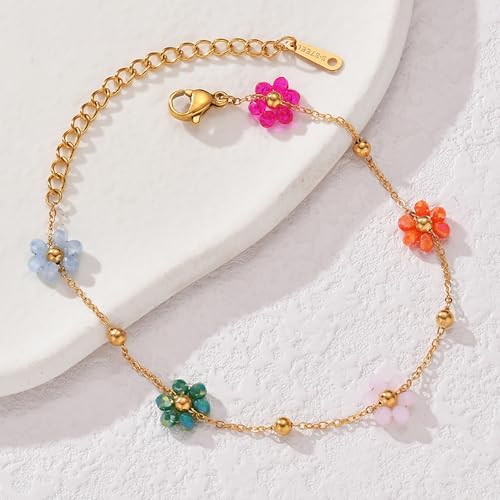 Daisy Flower Bracelet for Women 18K Gold Plated Stainless Steel Colorful Flowers Link Chain Bracelets Boho Beach Summer Jewelry3