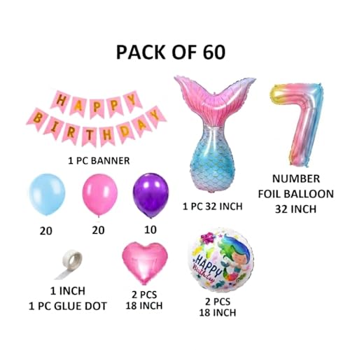 Image of 60 pcs 7th Birthday Decoration for Girls Tail Foil Balloon Garland Rainbow Number Foil Theme Birthday Decorations Aqua Theme Birthday Decorations (Pack of 60, Multi)