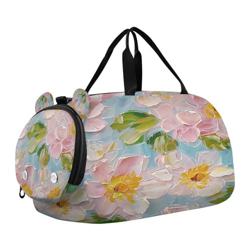Travel Duffle Bag for Kids Boys Girls Flower Pink Sports Bag Overnighter Duffle Sleepover Weekender with Shoes Compartment