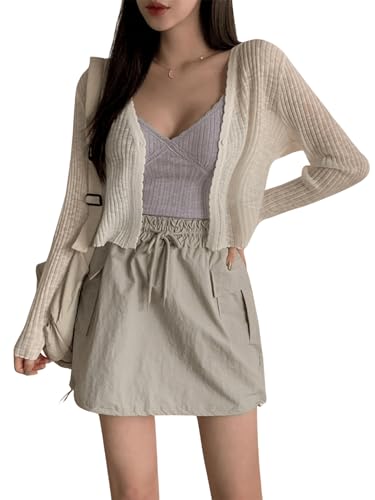 GORGLITTER Women's Lightweight Cropped Cardigan Sweater Long Sleeve Open Front Knit Button Up Crop Cardigan Shrugs