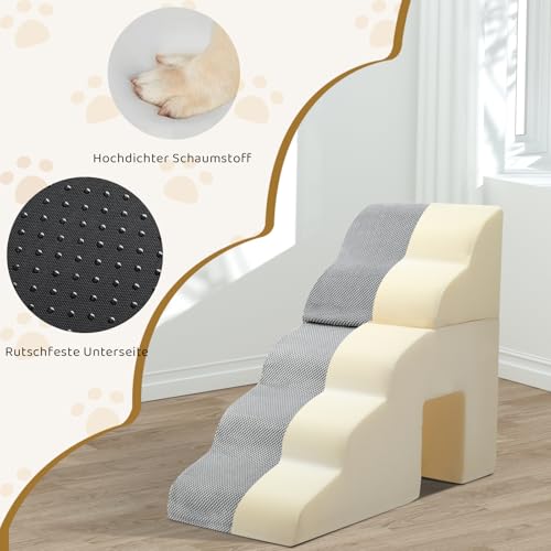 LEADZM Hundetreppe mit 28D Hochdichtem Schaum - 5 Stufen 74 cm hoch für Hunde aller Größen - Zweiteiliges Design mit Tunnel - Abnehmbarem Waschbarer Bezug, Tragbare Rampe für Kleine Hunde zu Bett, Sof