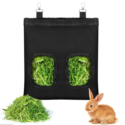 Rabbit Hay Feeder Bag, Guinea Pigs Hanging Hay Rack Manger Holder Dispenser Small Animal Feeder Storage Pouch for Bunny Chinchilla Hamster (Black, 2 Windows) - image 8
