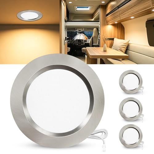 Laiebri 3er Set LED Einbaustrahler 12V 3000K Warmweiß 3.5W 330LM Alu LED Spot Dimmbar Möbeleinbauleuchte Lochmaß 55-58mm und 12mm Flach IP44 Einbauspots für Wohnmobil Wohnwagen Boot Nickel