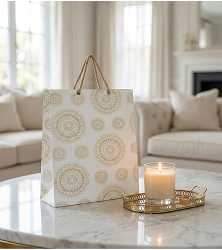 Image of Creative Art White & Gold Paper Gift Bags Medium (Pack of 10) - Durable Kraft Paper, Stylish Look, Eco-Friendly, Reusable Gift Bags for Return Gifts, Birthday Parties, Festivals & Gifting Need