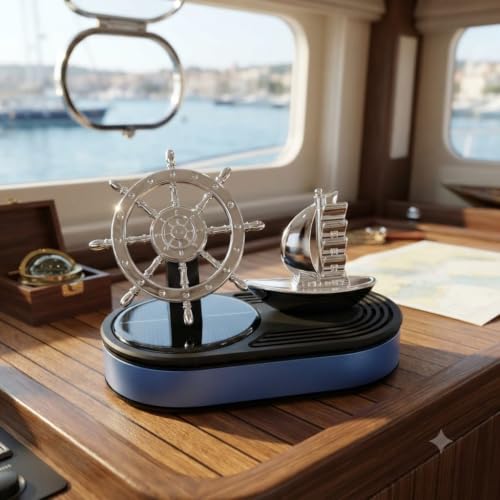 Image of Premium Solar Powered Rotating Ship Wheel Car Air Freshener | Solar Panel Powers The Automatic Rotation Of The Ship And Steering Wheel Under Sunlight. No Batteries Or Charging Required.