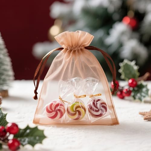 Image of joycraft 50Pcs Light Brown Organza Bags - 2.7x3.5 In Sheer Jewelry Mesh Pouch, Small Party Favor Drawstring Pouch for Wedding, Birthday, Baby Shower, DIY Craft