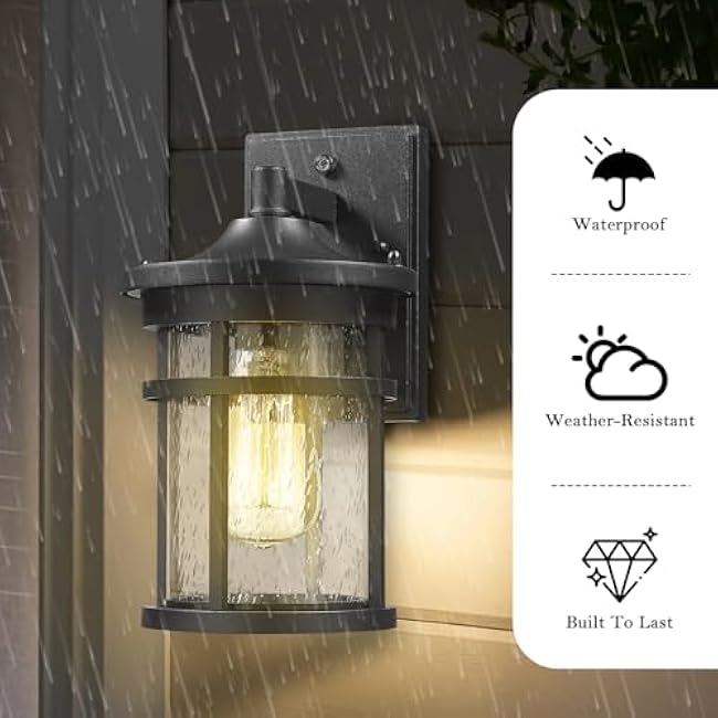 Dusk to Dawn Outdoor Wall Lighting Outdoor Wall Lantern with Sensor Exterior Wall Light Anti-Rust Porch Light Fixtures Wall Mount Waterproof Wall Sconce with Seeded Glass for House Patio Garage