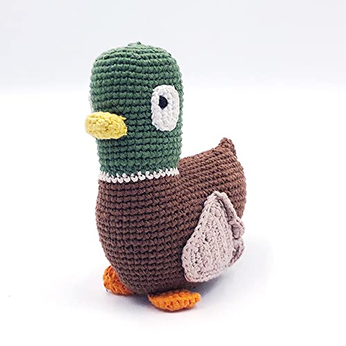 Image of Pebble Fair Trade Handmade Crochet Cotton Farm Animal - Mallard Duck Rattle, 6-inch Length
